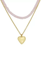 Gold Tone Rose Quartz Puffy Heart Layered Necklace