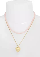 Gold Tone Rose Quartz Puffy Heart Layered Necklace