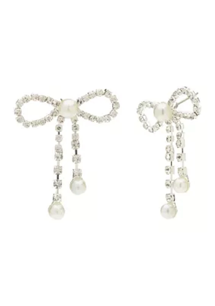 Silver Open Bow Pearl Drop Earrings