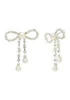 Silver Open Bow Pearl Drop Earrings