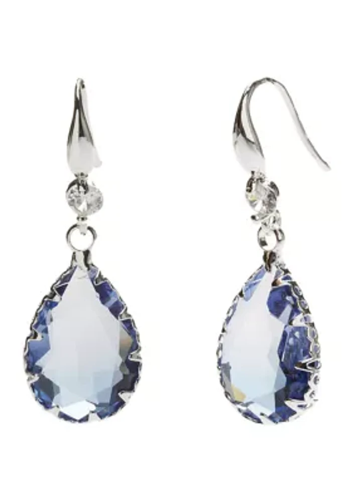 Silver Tone Light Sapphire Perfect Faceted Teardrop Earrings