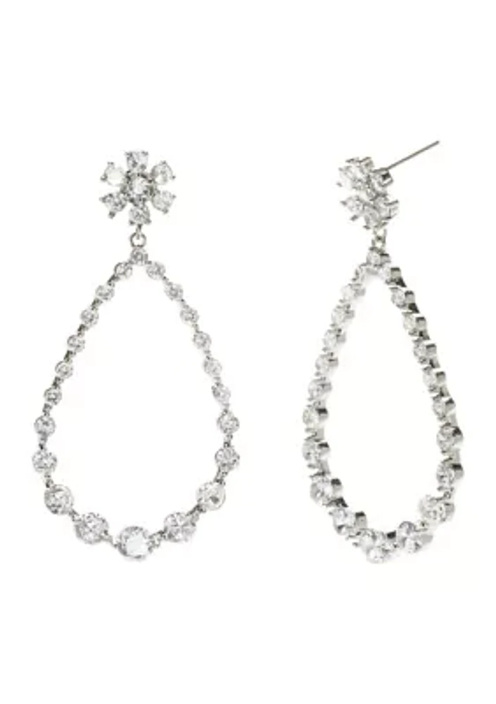 Silver Tone Cubic Zirconia Flower Top Open Drop Earrings