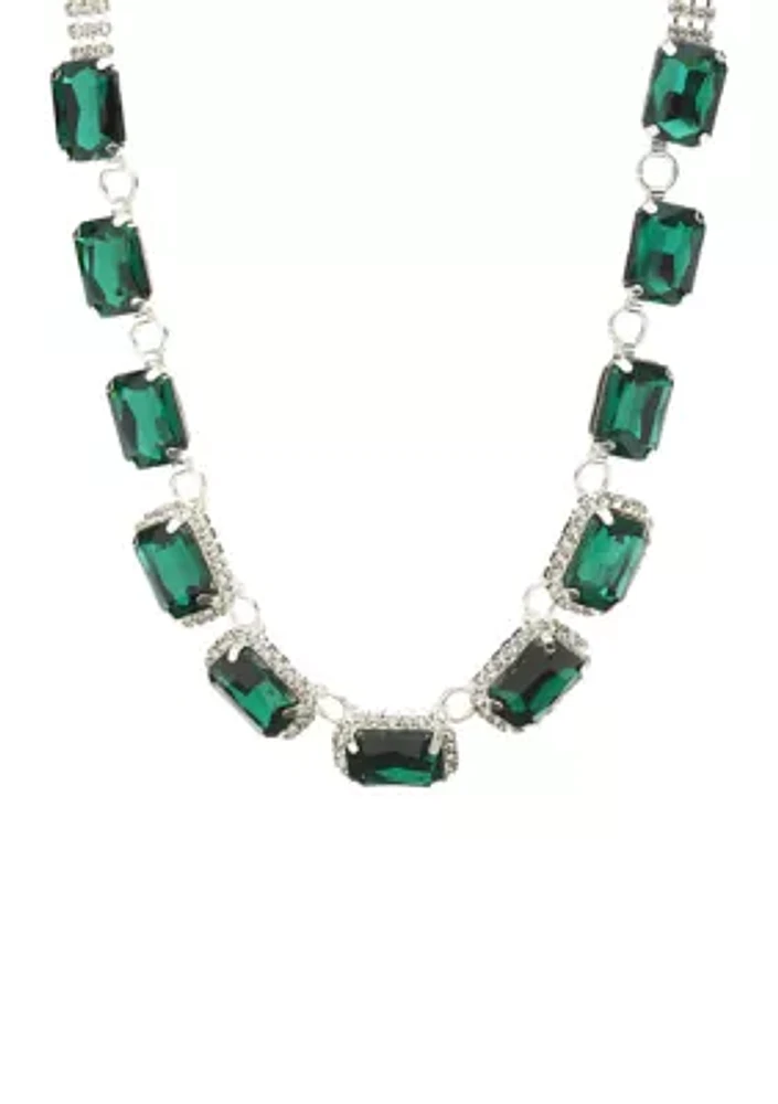 Silver Tone Emerald Green Frontal Collar Necklace