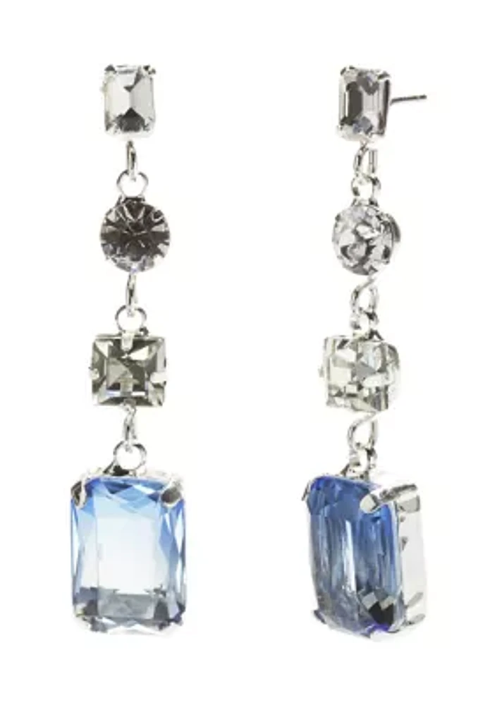 Silver Tone Blue Linear Soft Square Drop Earrings