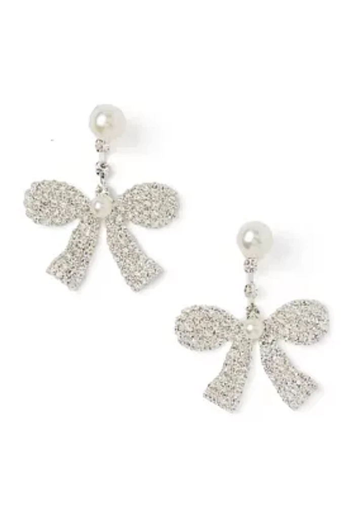 Silver Tone Bow Pearl Front Back Drop Earrings