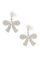 Silver Tone Bow Pearl Front Back Drop Earrings