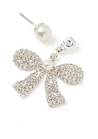 Silver Tone Bow Pearl Front Back Drop Earrings