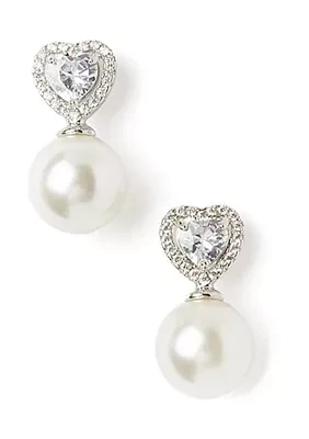 Silver Tone Happy Heart Pearl Earrings