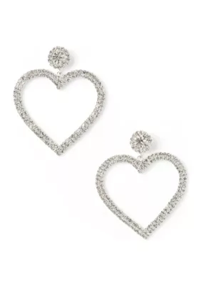 Silver Tone Sparkly Heart Open Drop Earrings