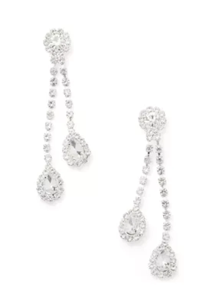 Silver Tone Double Sparkle Teardrops Linear Earrings