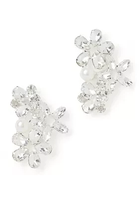 Silver Tone Classic Cluster Pearl Crystal Crawler Earrings