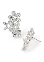 Silver Tone Classic Cluster Pearl Crystal Crawler Earrings