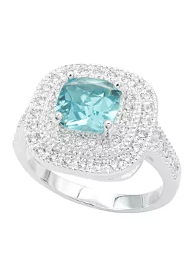 Silver Tone Aqua Stone Double Pavé Halo Ring