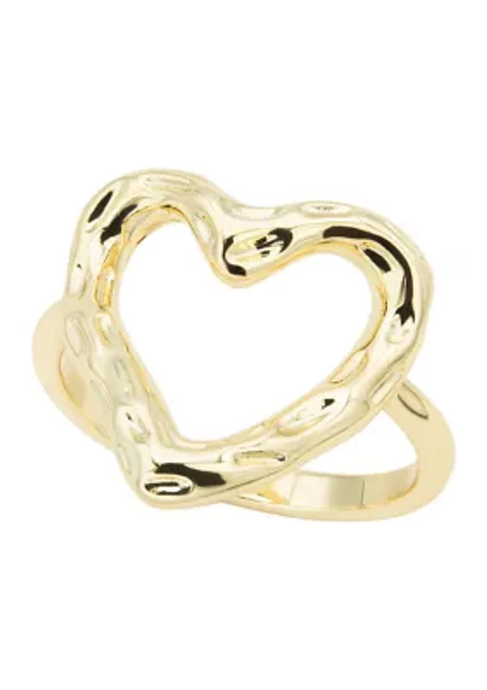 Gold Plated Hammered Open Heart Band Ring