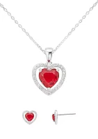 Lab Grown Silver Siam Heart Cubic Zirconia Halo Pendant Necklace and Earring Set