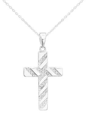 Lab Grown Silver Tone Cubic Zirconia Pavé Cross Pendant Necklace