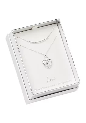 Lab Grown Silver Tone Bar and Heart Locket Duo Necklace Set