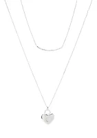 Lab Grown Silver Tone Bar and Heart Locket Duo Necklace Set