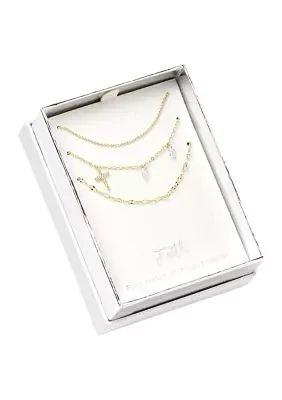 Lab Grown Gold Tone Triple Strand Chain and Cross Necklace Set