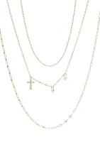 Lab Grown Gold Tone Triple Strand Chain and Cross Necklace Set