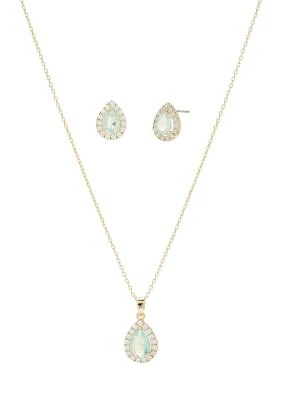 Lab Grown Gold Tone Cubic Zirconia Pear Halo Necklace and Earrings Set