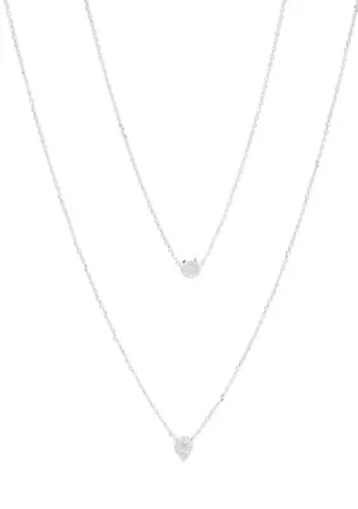 Lab Grown Silver Tone Cubic Zirconia Disk and Pear Stone Necklace Set