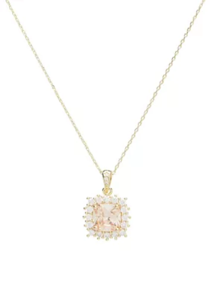 Lab Grown Gold Tone Champagne Cubic Zirconia Cushion Halo Pavé Pendant Necklace