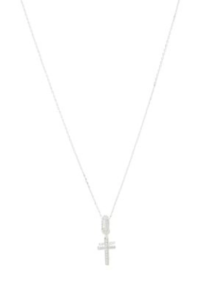 Lab Grown Silver Tone Cubic Zirconia Pavé Double Cross Charm Pendant Necklace