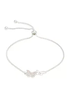 Lab Grown Silver Tone Cubic Zirconia Pavé Double Butterfly Adjustable Bracelet