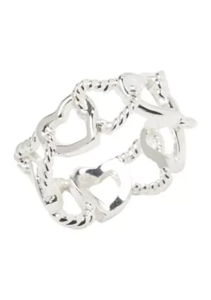 Silver Tone Roped Open Heart Band Ring