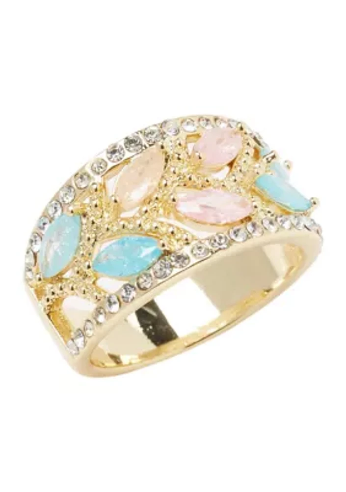 Gold Tone Lab Grown Opaque Marquise Multi Pavé Band Ring