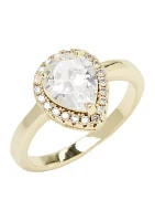 Gold Tone Lab Grown Cubic Zirconia Pear Stone Halo Ring