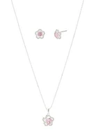 Cubic Zirconia Pink Flower Earrings and Necklace Set