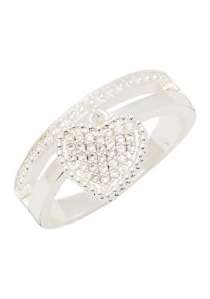 Lab Grown Silver Tone Pave Heart Charm Faux Stack Band Ring