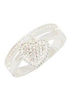 Lab Grown Silver Tone Pave Heart Charm Faux Stack Band Ring