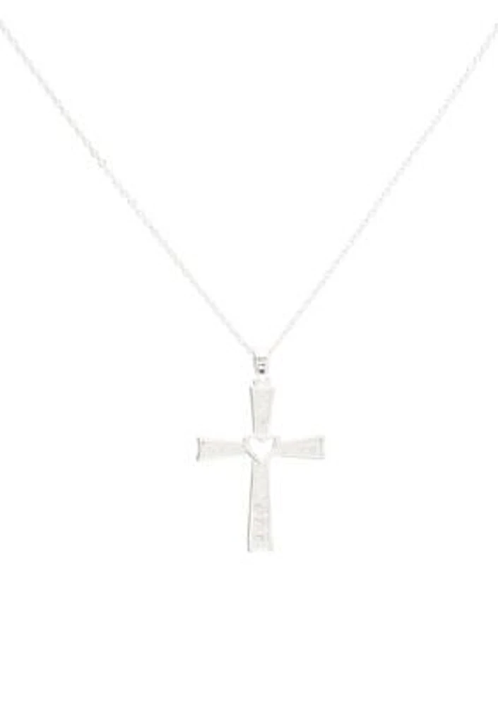 Lab Grown Silver Tone Cubic Zirconia Pavé Open Heart Cross Pendant Necklace