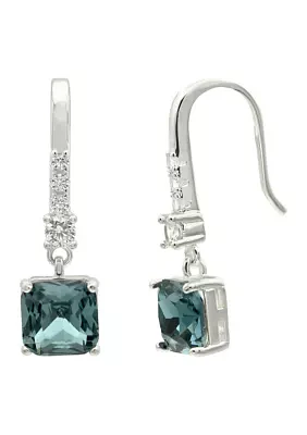 Silver Tone Blue Square Stone Drop Earrings