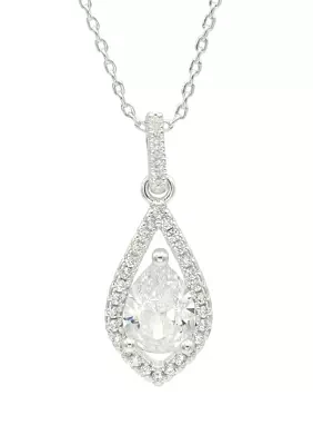 Lab Grown Silver Tone Cubic Zirconia Halo Pear Stone Pendant Necklace