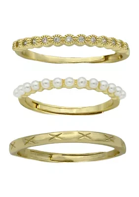 Gold Tone Lab Grown Pearl & Cubic Zirconia Adjustable Stack Etched Band Ring Set