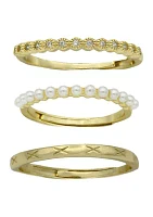 Gold Tone Lab Grown Pearl & Cubic Zirconia Adjustable Stack Etched Band Ring Set