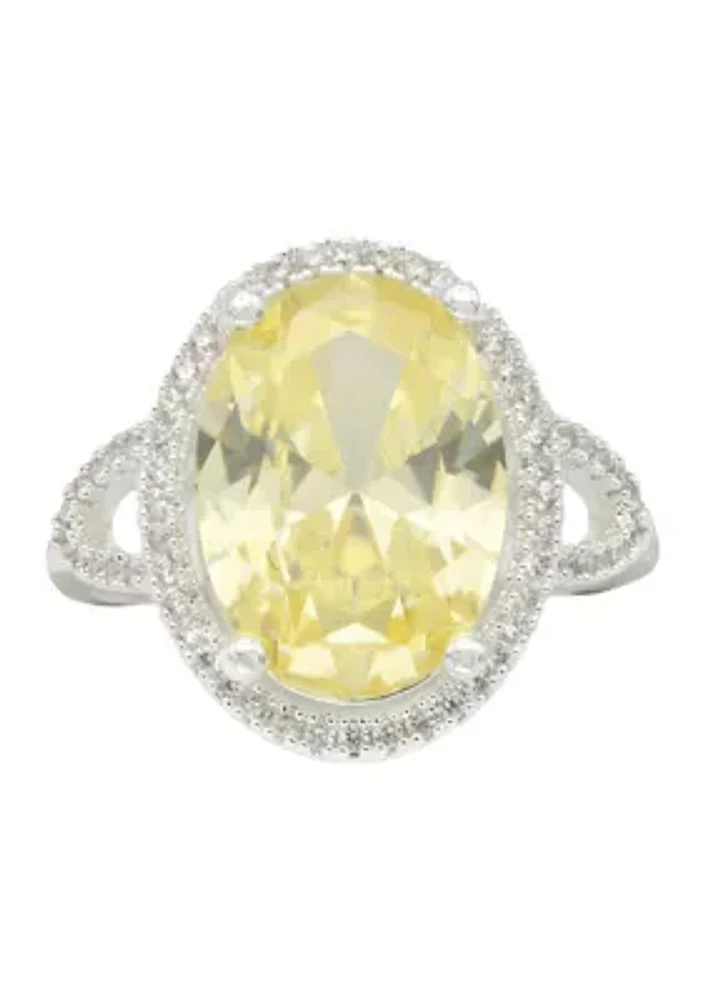 Silver Tone Jonquil Oval Cubic Zirconia Halo Open Band Ring