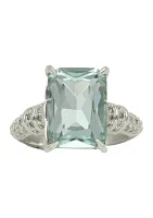 Lab Grown Silver Tone Large Aquamarine Ascher Cut Cocktail Ring