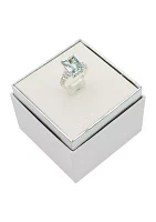 Lab Grown Silver Tone Large Aquamarine Ascher Cut Cocktail Ring