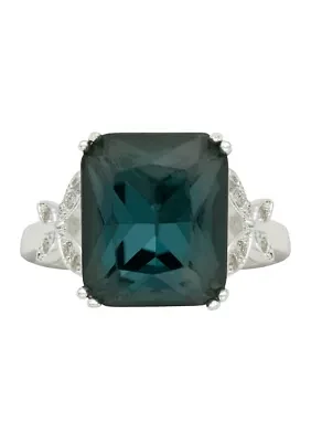 Lab Created Silver Tone Denim Blue Emerald Cut Floral Side Band Cocktail Ring