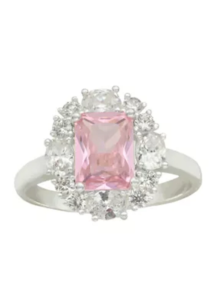 Lab Created Silver Tone Pink Emerald Cut CZ Cluster Halo Pave Band Ring