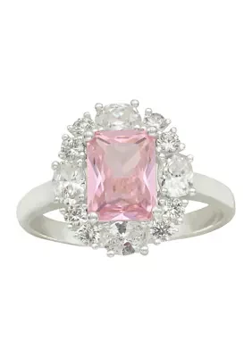 Lab Created Silver Tone Pink Emerald Cut CZ Cluster Halo Pave Band Ring