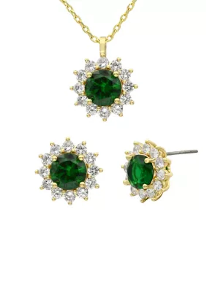 Lab Created Gold Tone Emerald Round Stone Halo Necklace and Earring Set