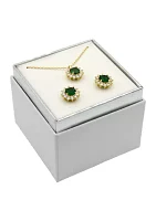 Lab Created Gold Tone Emerald Round Stone Halo Necklace and Earring Set