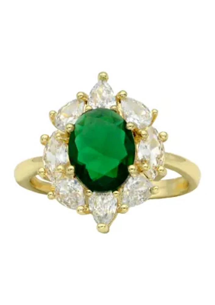 Lab Grown Gold Tone Emerald Oval Stone Cluster Band Ring