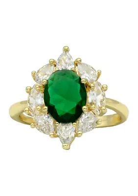 Lab Grown Gold Tone Emerald Oval Stone Cluster Band Ring